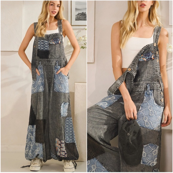 Oli & Hali Mineral Wash Embroidered Tercel Wide Leg Denim Overalls - Picture 3 of 3